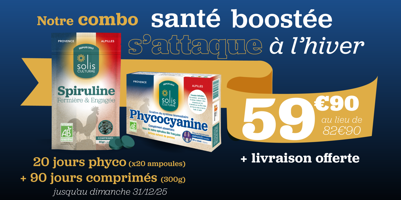 Offre Combo Santé boostée : 20 ampoules de phyco + 300gr de Spiruline AB bio en comprimés