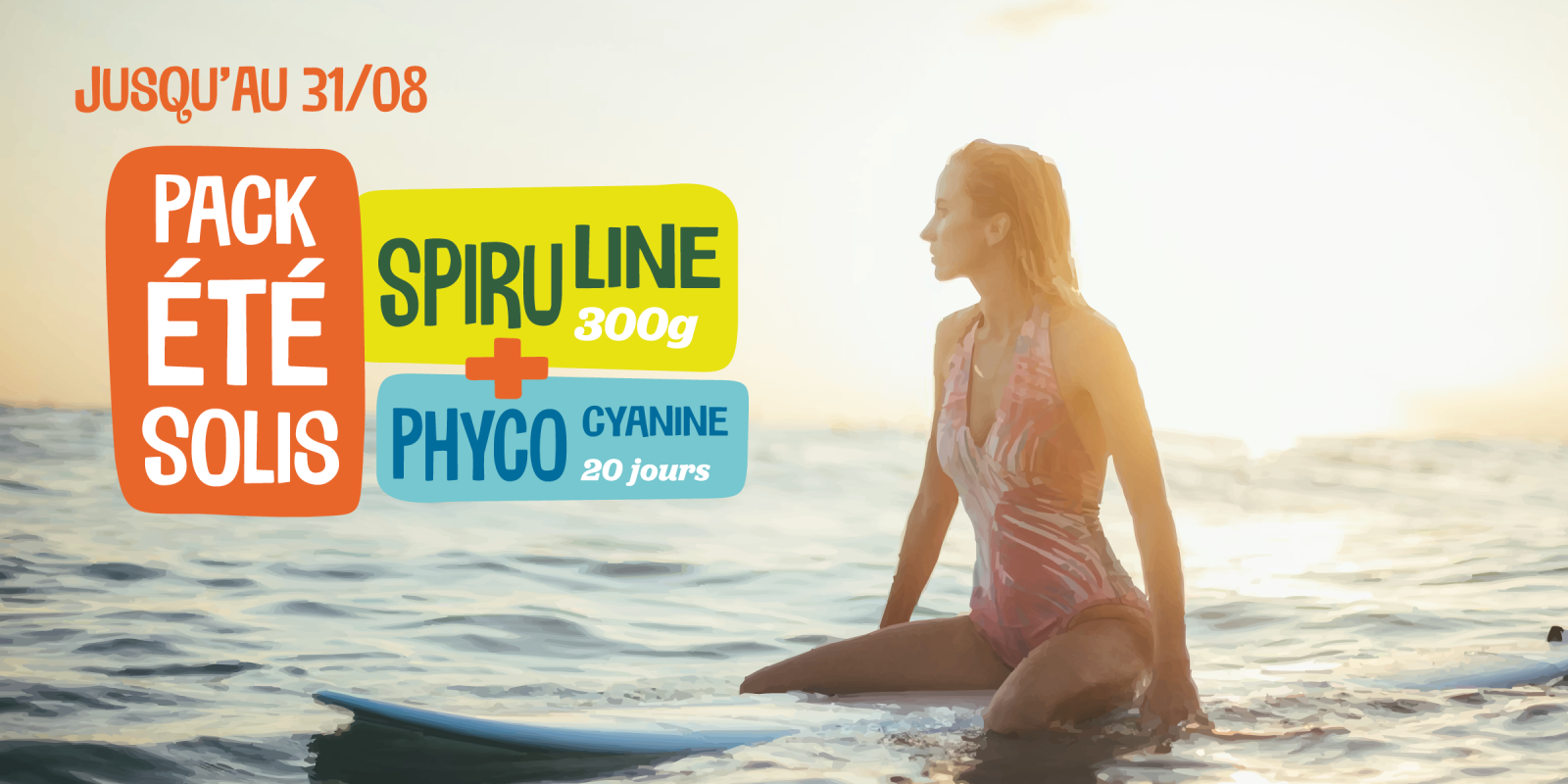 Pack été Solis 2026 spiruline & phyco : illustré avec une femme sur sa planche de surf