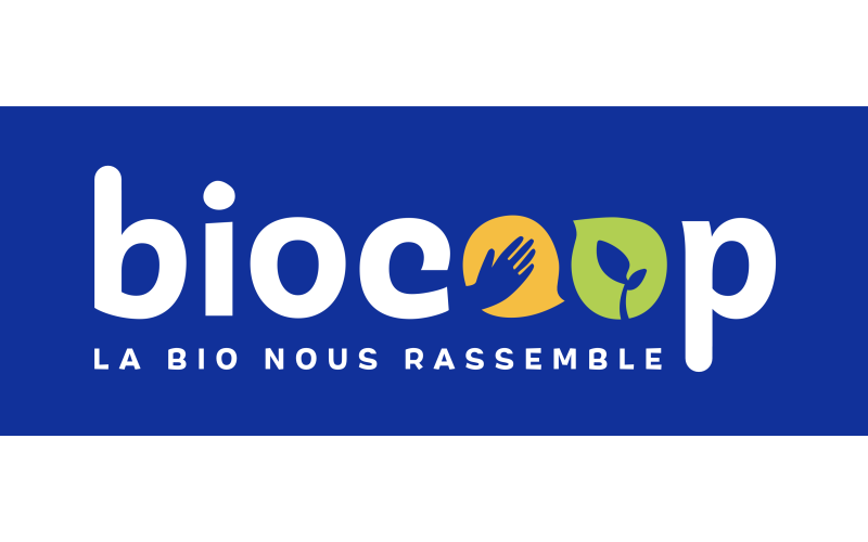 Logo biocoop sur fond bleu
