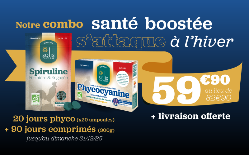 Offre Combo Santé boostée : 20 ampoules de phyco + 300gr de Spiruline AB bio en comprimés