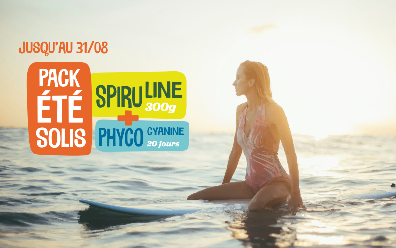 Pack été Solis 2026 spiruline & phyco : illustré avec une femme sur sa planche de surf
