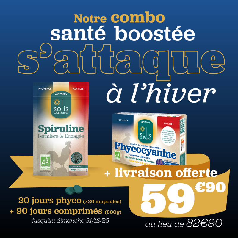 Offre Combo Santé boostée : 20 ampoules de phyco + 300gr de Spiruline AB bio en comprimés
